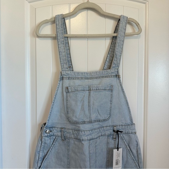 NWT WeWoreWhat slouchy slit overalls light wash high rise straight leg split hem - Picture 2 of 15